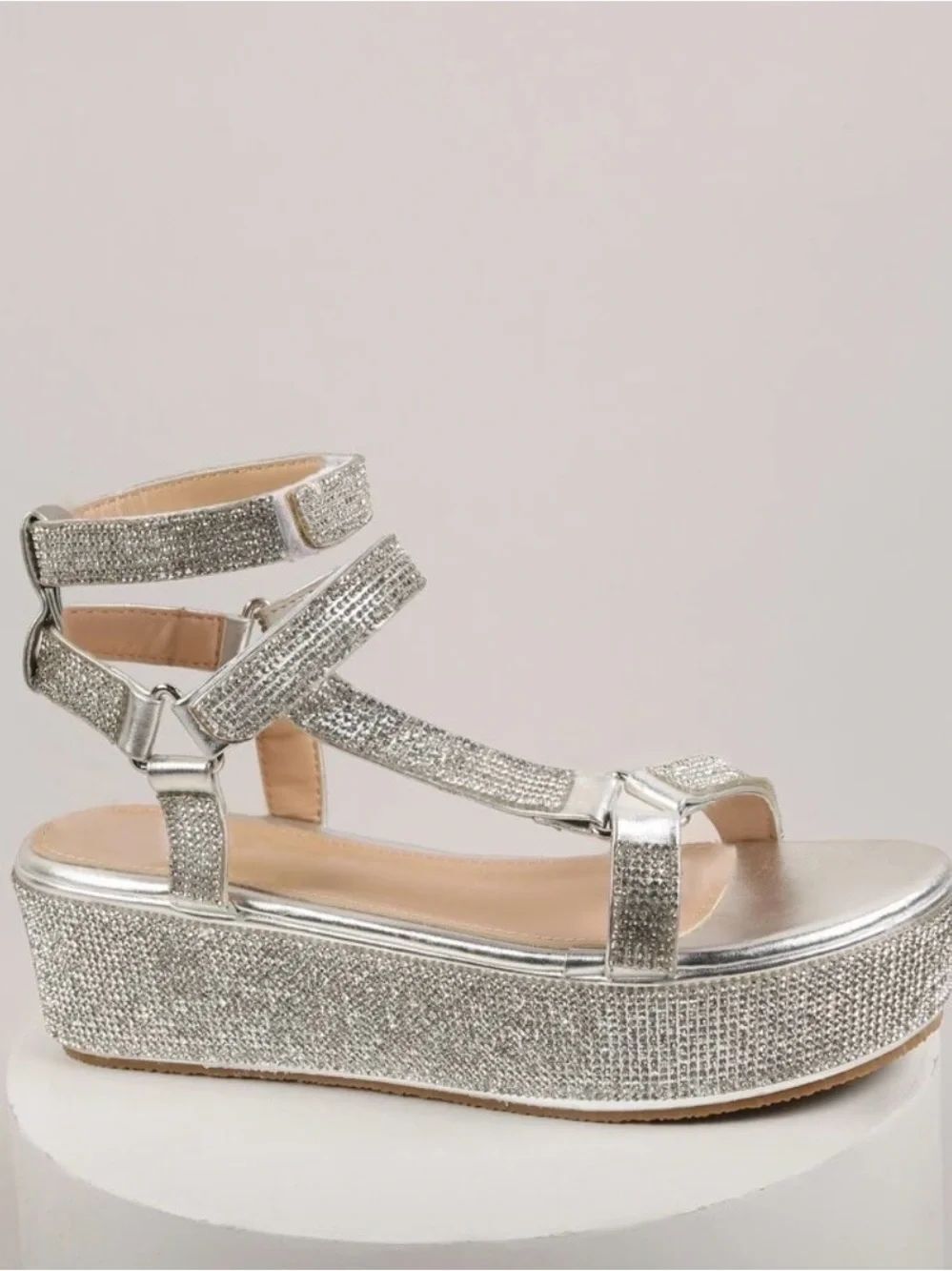 Pazzle Silver Rhinestone Platform Sandals - Women's Sparkle Strappy Sandals SZ10